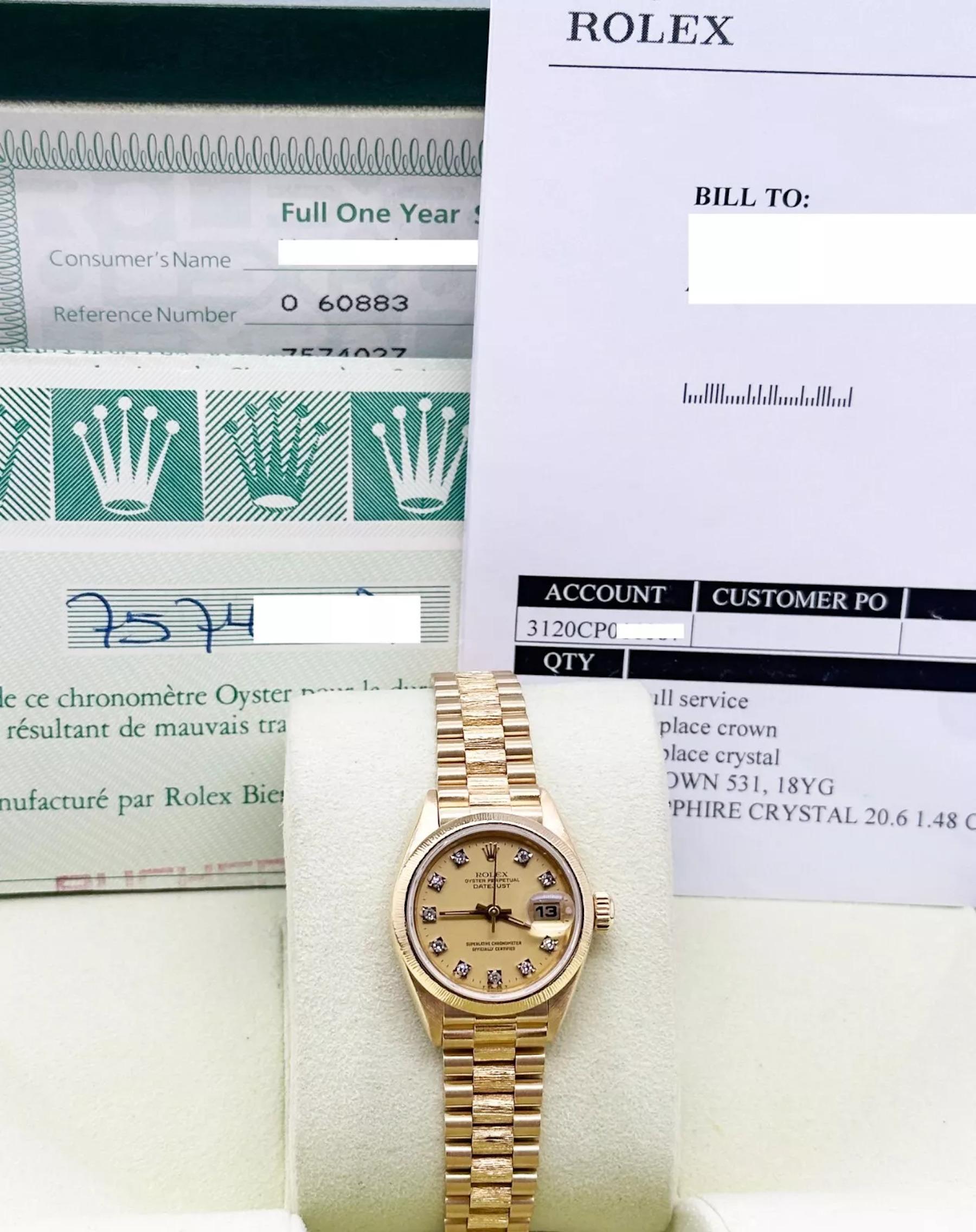 Rolex Ladies President Datejust 69278 Esfera Diamante Acabado Corteza 18K Caja Papeles en venta 6