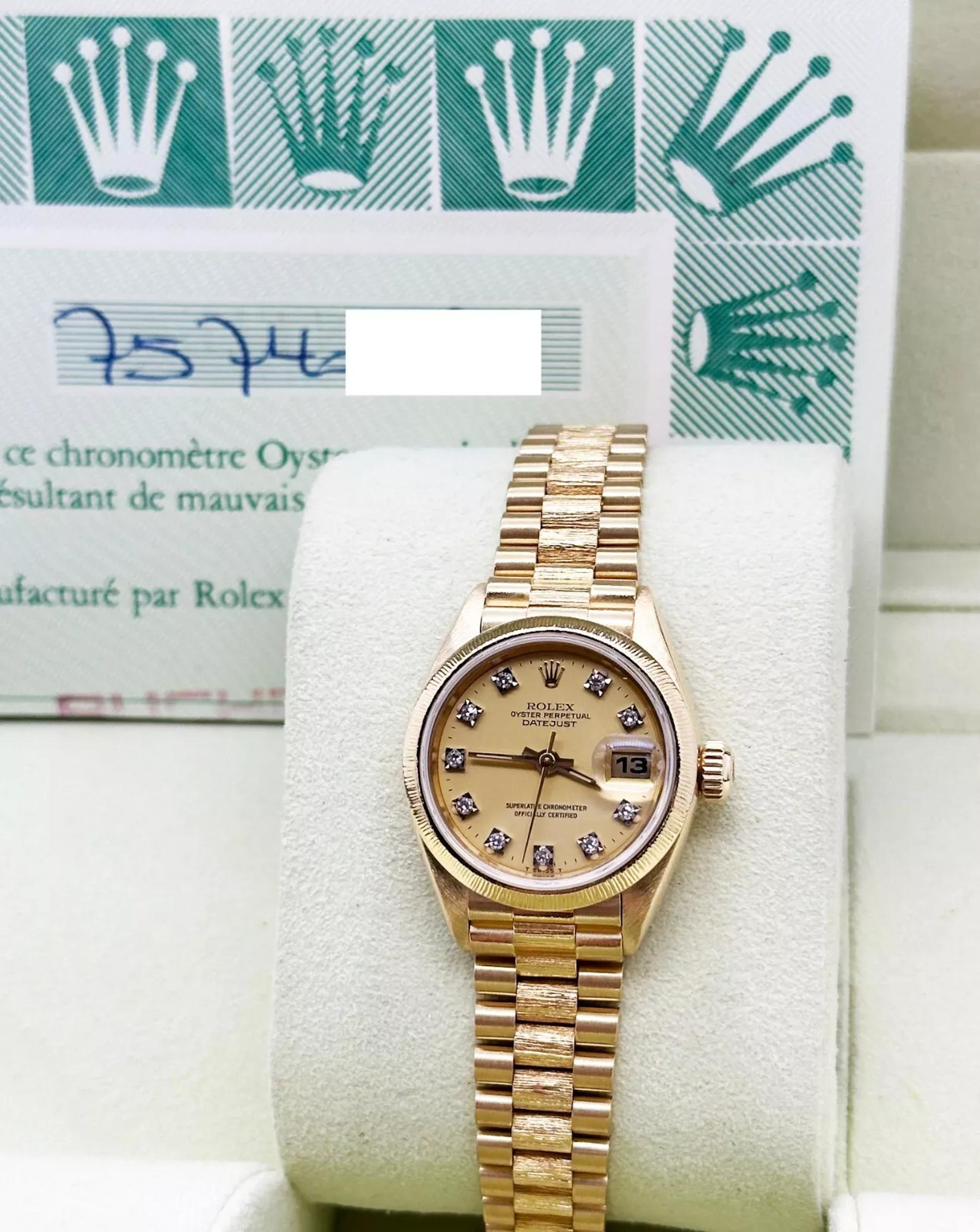 Rolex Ladies President Datejust 69278 Esfera Diamante Acabado Corteza 18K Caja Papeles en Excelente estado para la venta en San Diego, CA
