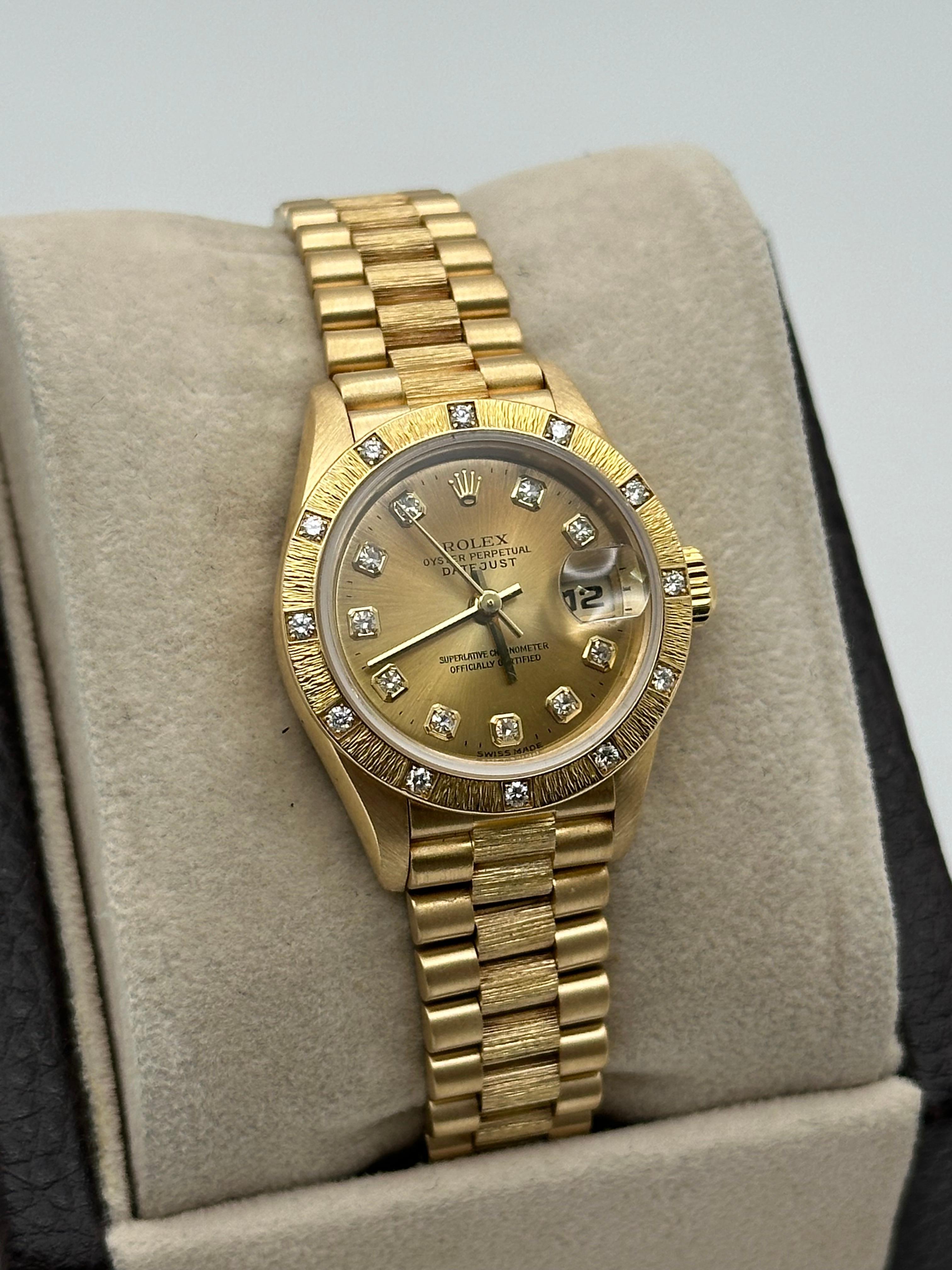 Rolex Ladies President Datejust 69288 Champagne Diamond Dial Bezel Bark 18K Gold In Excellent Condition For Sale In San Diego, CA