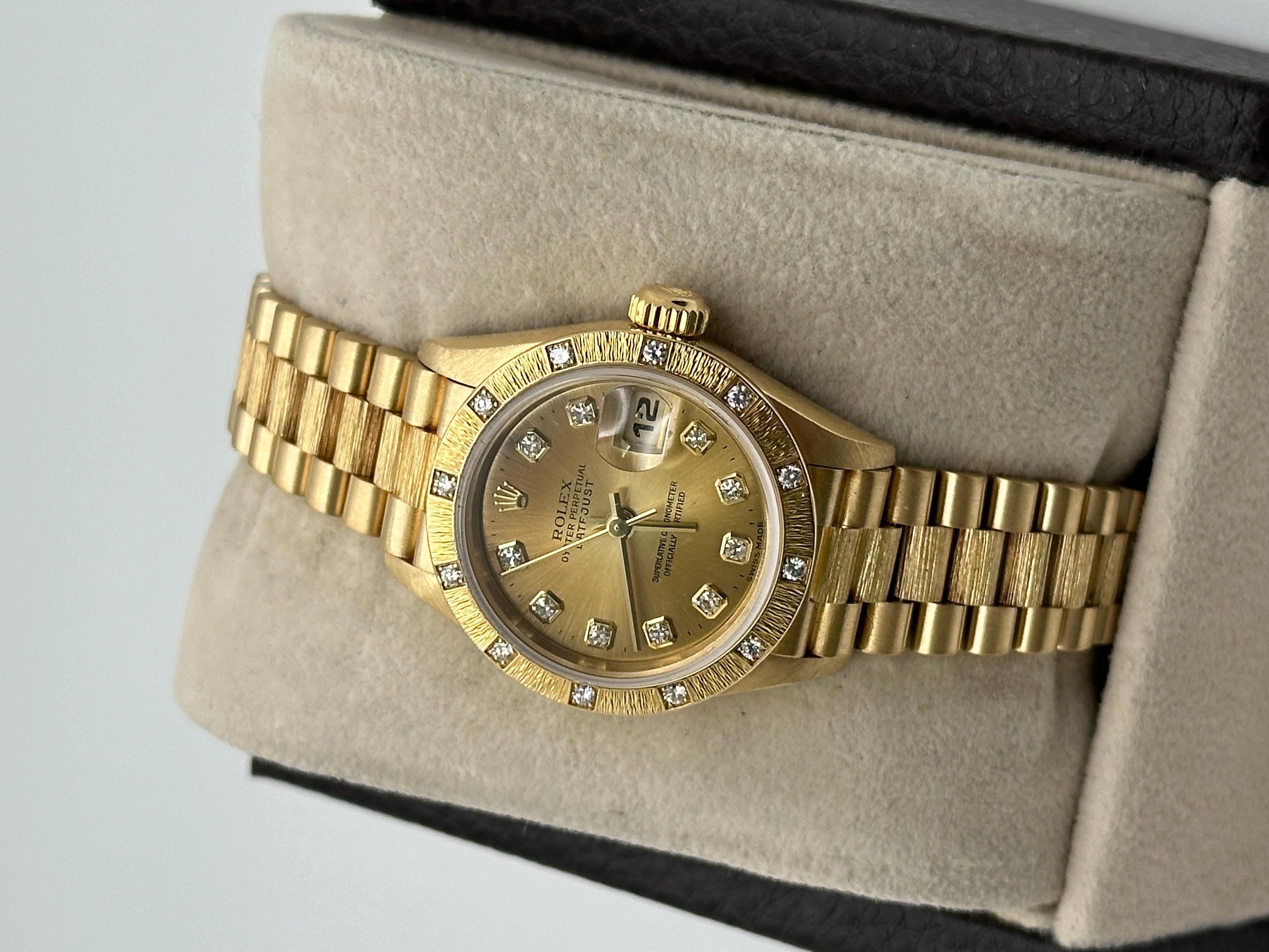 Women's Rolex Ladies President Datejust 69288 Champagne Diamond Dial Bezel Bark 18K Gold For Sale