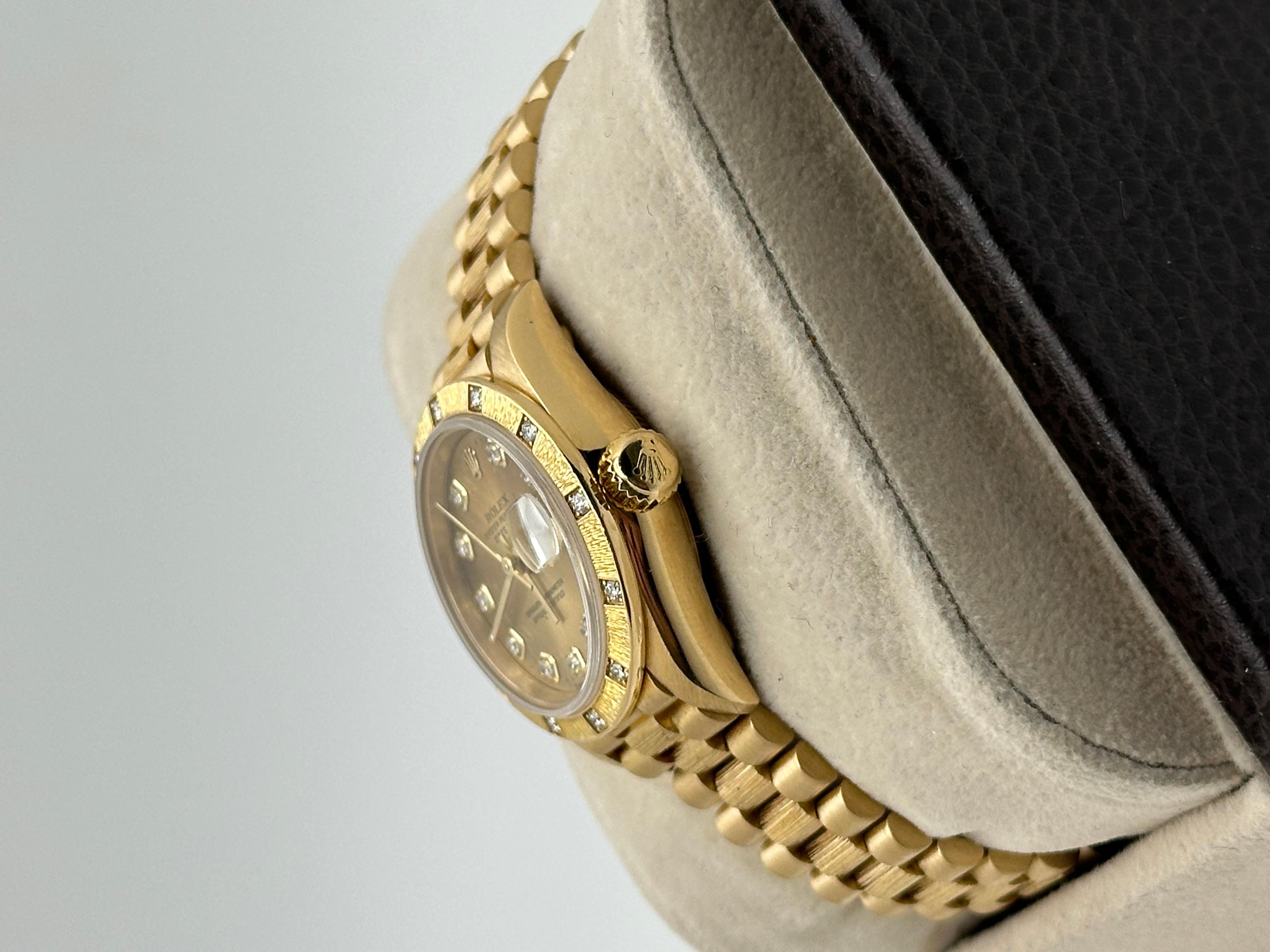 Rolex Ladies President Datejust 69288 Champagne Diamond Dial Bezel Bark 18K Gold For Sale 1