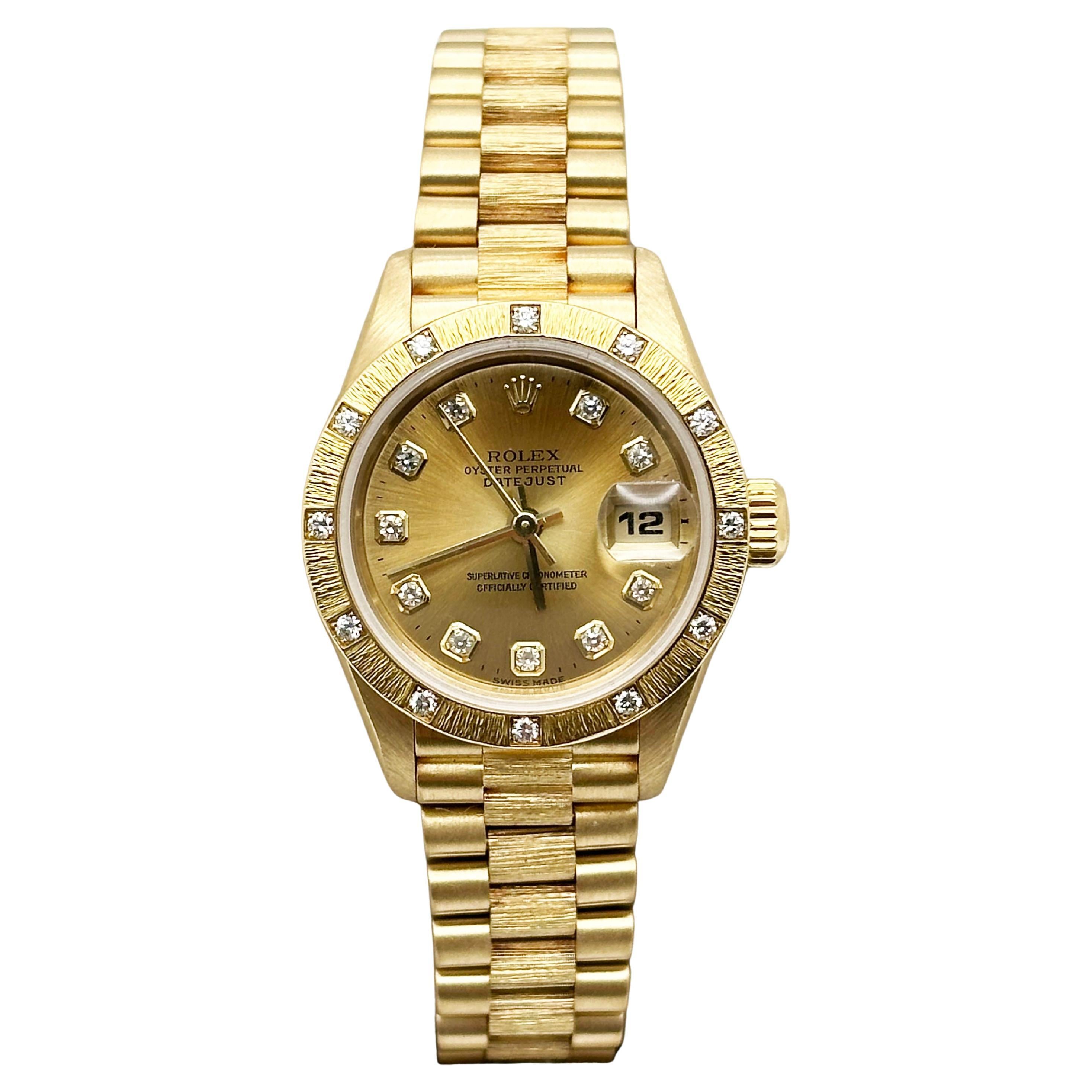 Rolex Señoras Presidente Datejust 69288 Champagne Diamond Dial Bisel Bark 18K Oro