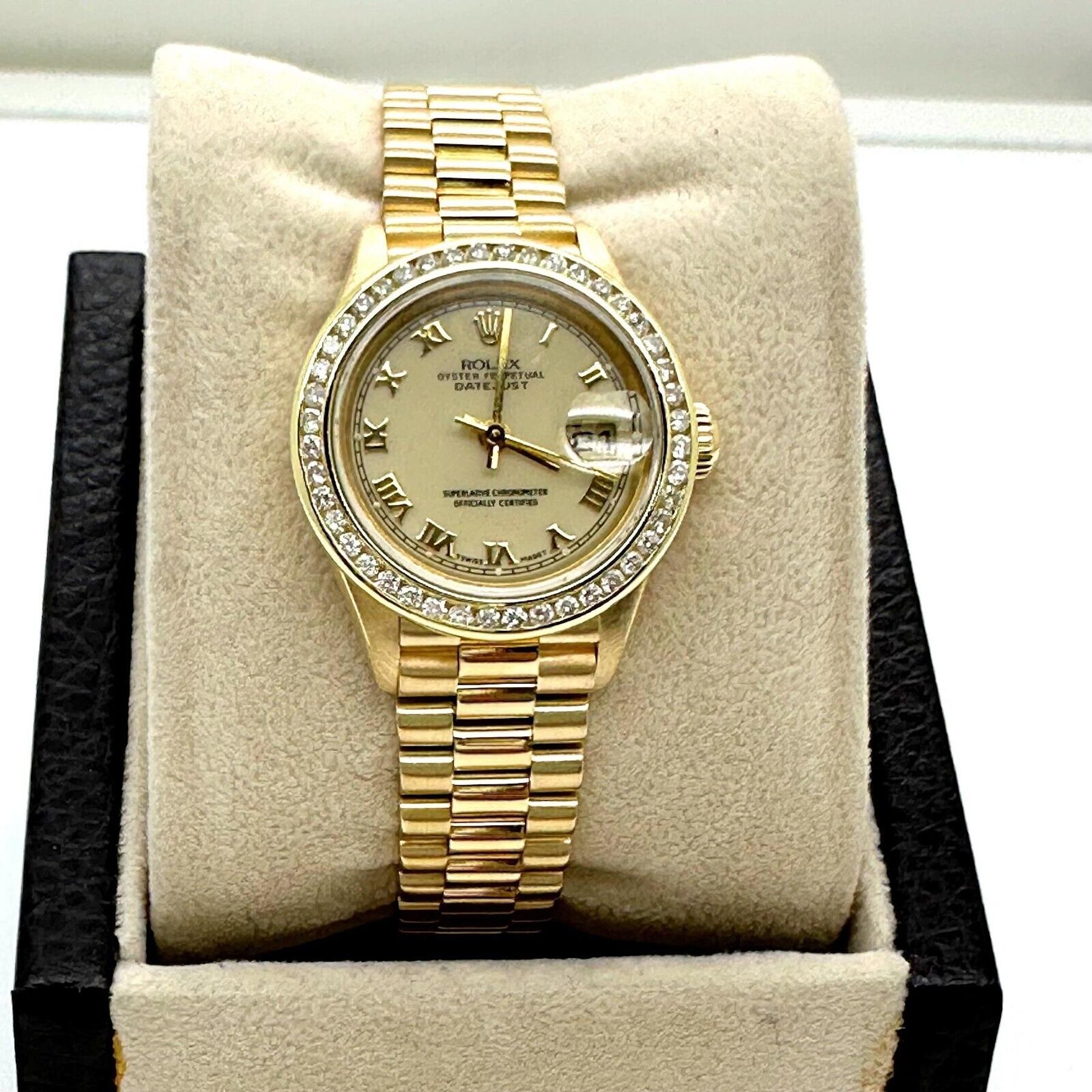 Rolex Ladies President Datejust 79178 Cream Dial Diamond Bezel 18K Yellow Gold In Excellent Condition For Sale In San Diego, CA