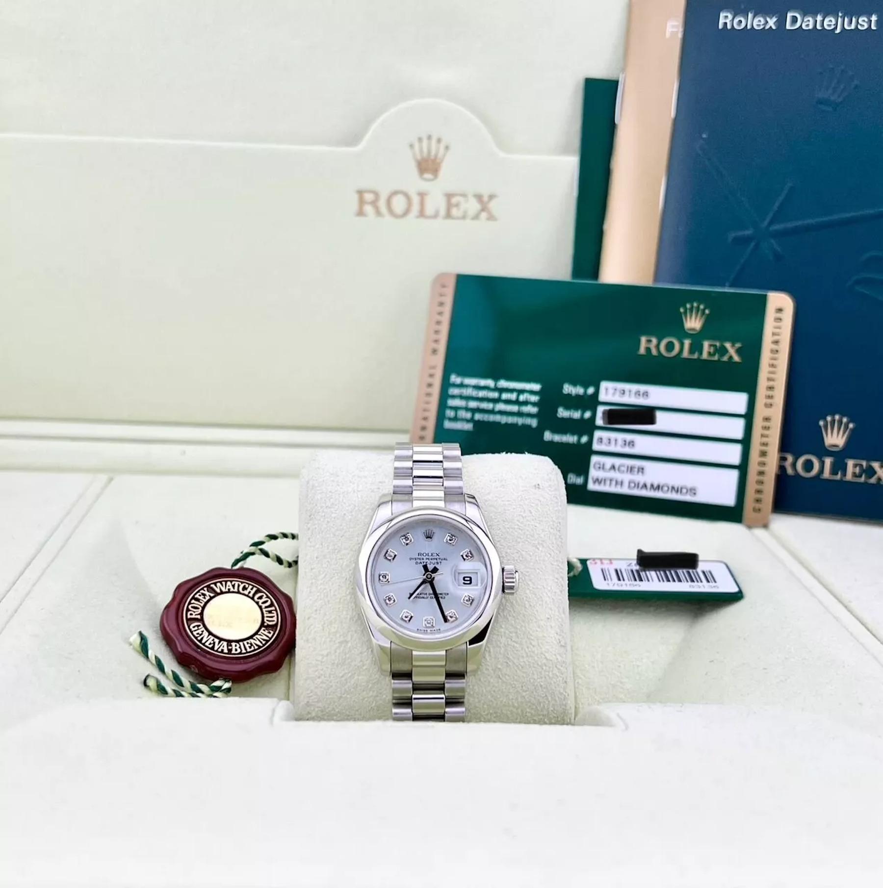 Style Number: 179166

Serial: Z698***

Year: 2008

Model: Rolex Ladies Platinum President

Case Material: Platinum

Band: Platinum
 
Bezel: Platinum

Dial: Factory Glacier Blue Diamond Dial

Face: Sapphire Crystal

Case Size: 26mm

Includes: