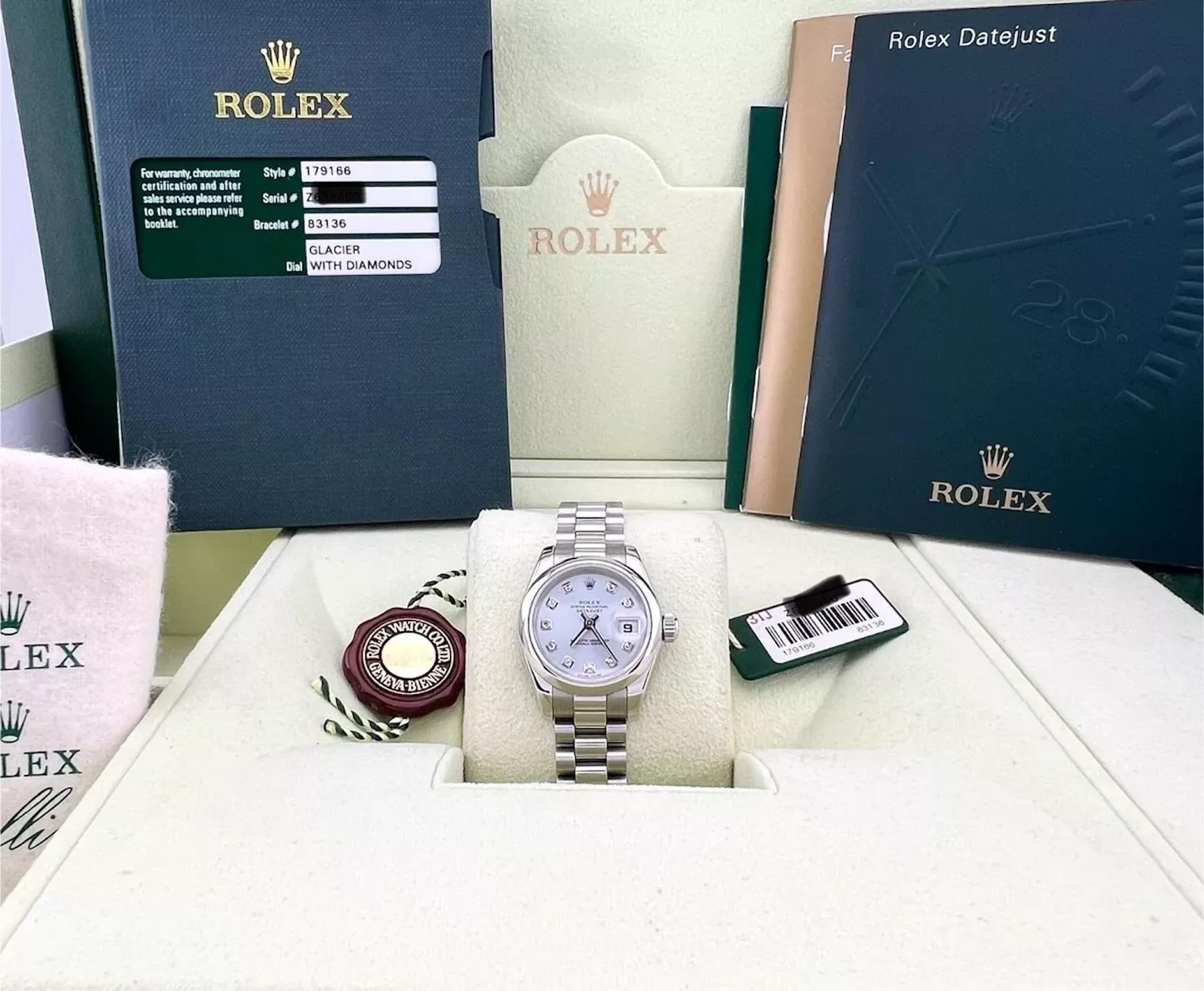 Rolex Ladies President Platinum 179166 Glacier Diamond Dial Box Papers In Excellent Condition In San Diego, CA