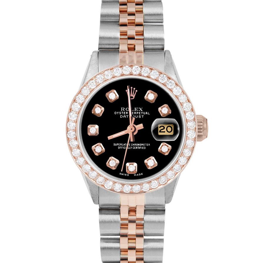 Brand : Rolex

Model : Datejust (Non-Quickset Model)

Gender : Ladies

Metals : Rose Gold/Stainless Steel

Case Size : 26 mm

Dial : Custom Black Diamond Dial (This dial is not original Rolex And has been added aftermarket yet is a beautiful Custom