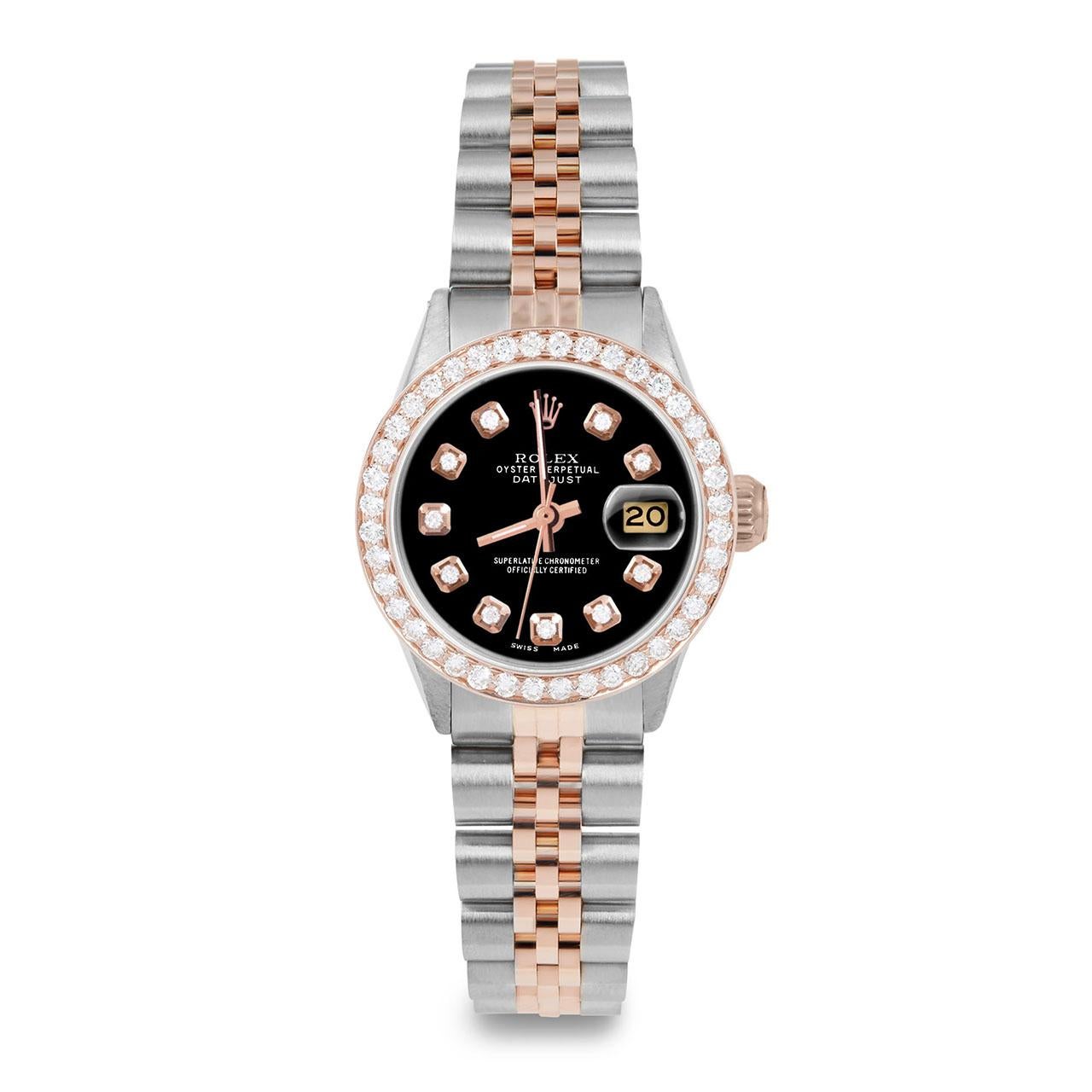 Perle Rolex Ladies Rose Gold Datejust Black Diamond Dial Diamond Bezel Watch en vente