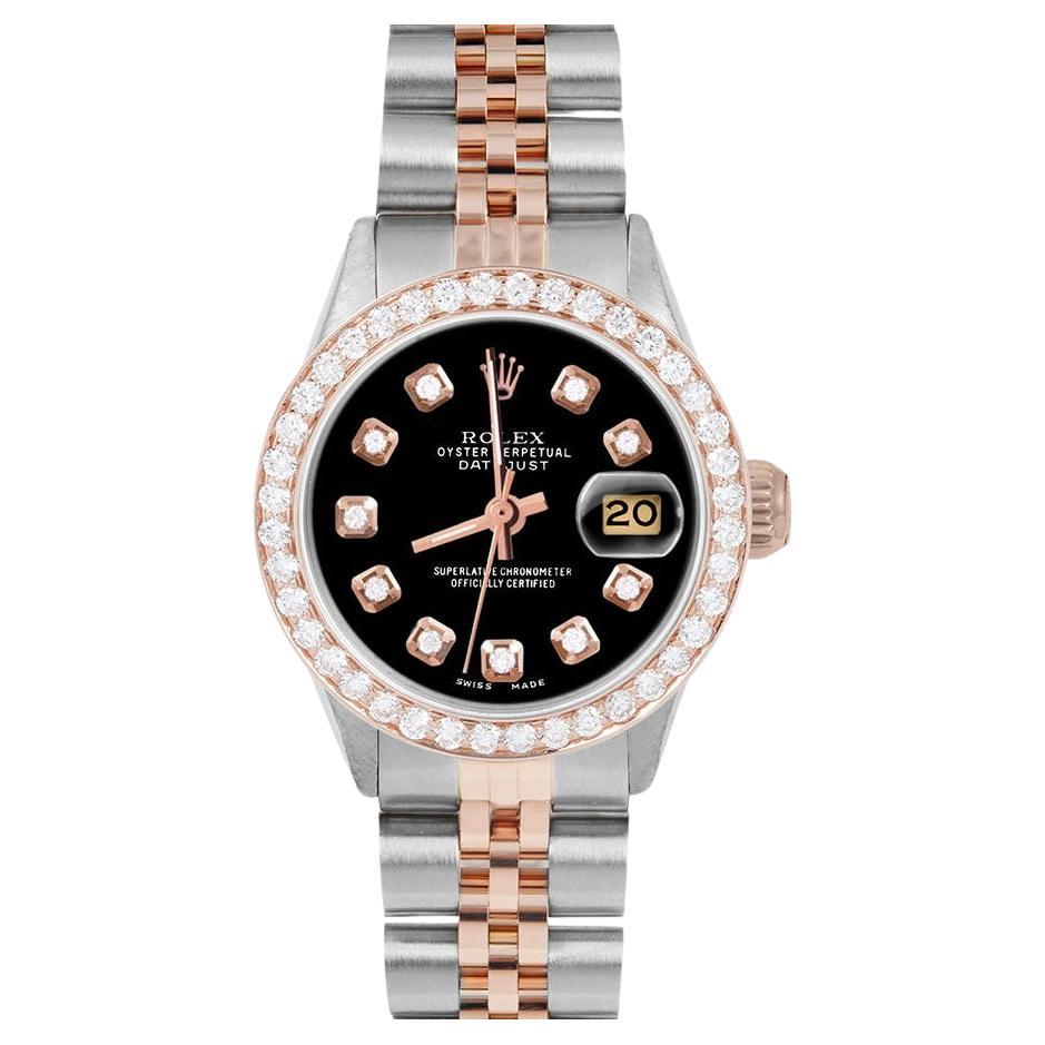 Rolex Ladies Rose Gold Datejust Black Diamond Dial Diamond Bezel Watch For Sale
