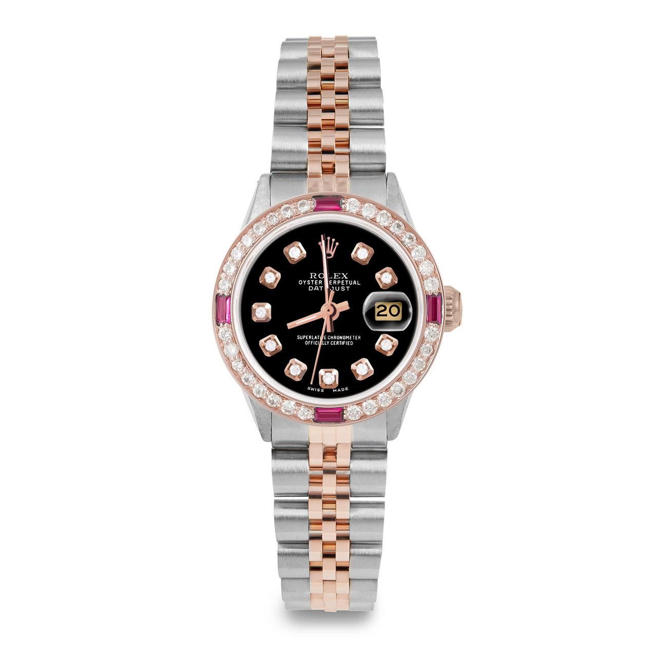 Perle Rolex Ladies Rose Gold Datejust Black Diamond Dial Ruby / Diamond Bezel Watch en vente