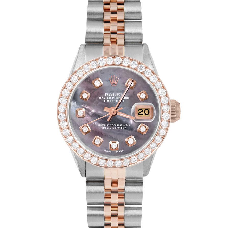 Brand : Rolex

Model : Datejust (Non-Quickset Model)

Gender : Ladies

Metals : Rose Gold/Stainless Steel

Case Size : 

Dial : Custom Black Mother of Pearl Diamond Dial (This dial is not original Rolex And has been added aftermarket yet is a