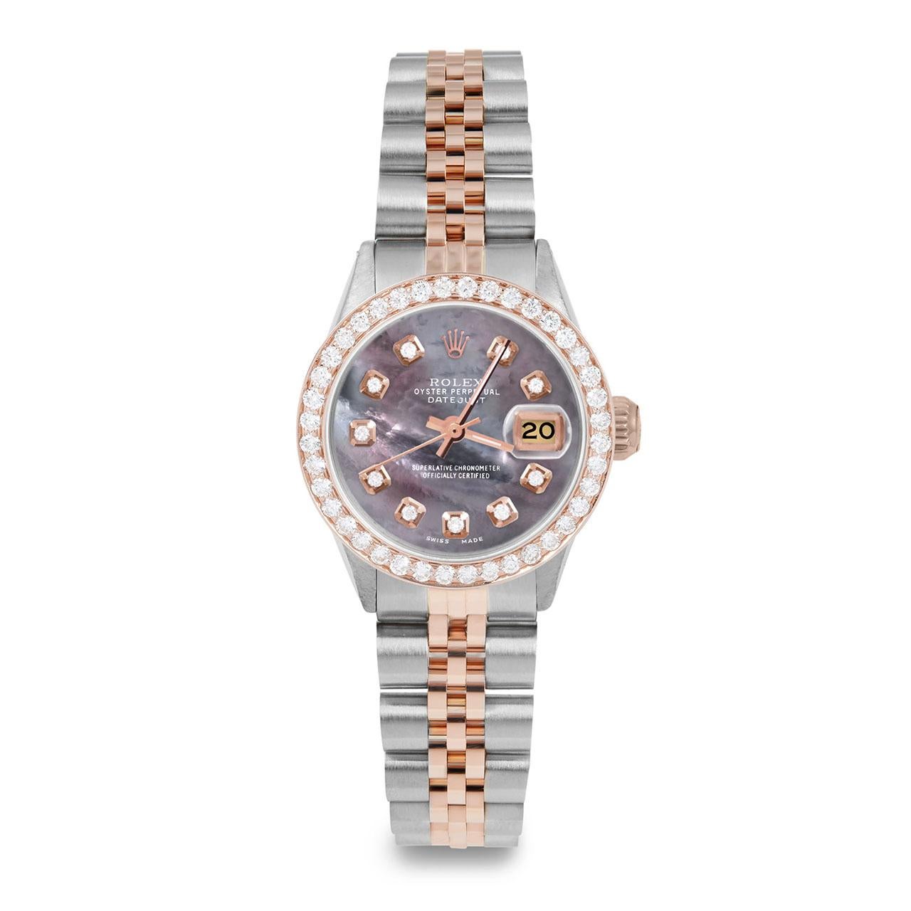 Perle Rolex Ladies Rose Gold Datejust Black MOP Diamond Dial Diamond Bezel Watch en vente