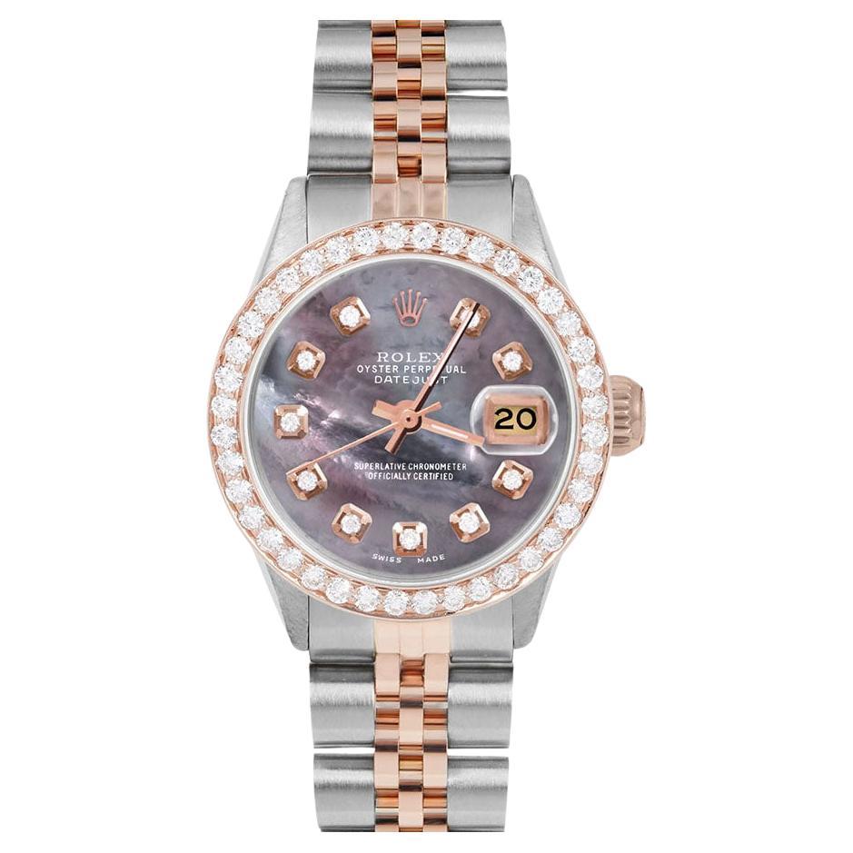 Rolex Ladies Rose Gold Datejust Black MOP Diamond Dial Diamond Bezel Watch For Sale
