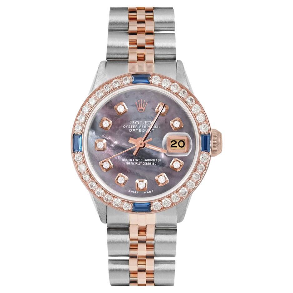 Rolex Ladies Rose Gold Datejust Black MOP Diamond Dial Sapphire / Diamond Bezel For Sale