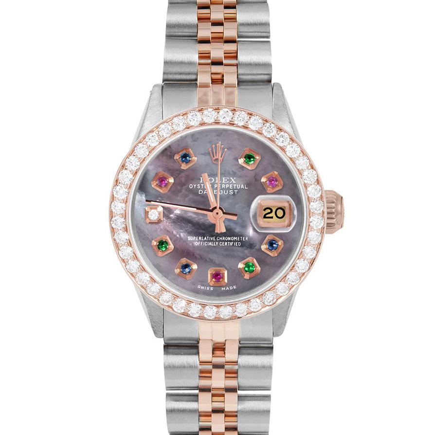 Brand : Rolex

Model : Datejust (Non-Quickset Model)

Gender : Ladies

Metals : Rose Gold/Stainless Steel

Case Size : 26 mm

Dial : Custom Black Mother of Pearl Rainbow Dial (This dial is not original Rolex And has been added aftermarket yet is a