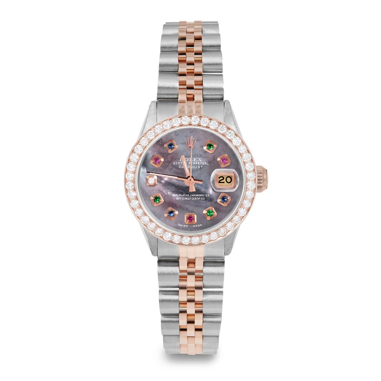 Perle Rolex Ladies Rose Gold Datejust Black MOP Rainbow Dial Diamond Bezel Watch en vente