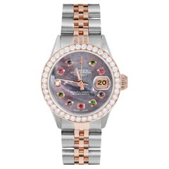 Rolex Ladies Rose Gold Datejust Black MOP Rainbow Dial Diamond Bezel Watch
