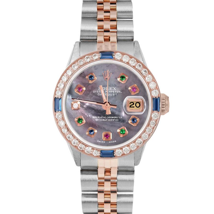 Brand : Rolex

Model : Datejust (Non-Quickset Model)

Gender : Ladies

Metals : Rose Gold/Stainless Steel

Case Size : 26 mm

Dial : Custom Black Mother of Pearl Rainbow Dial (This dial is not original Rolex And has been added aftermarket yet is a