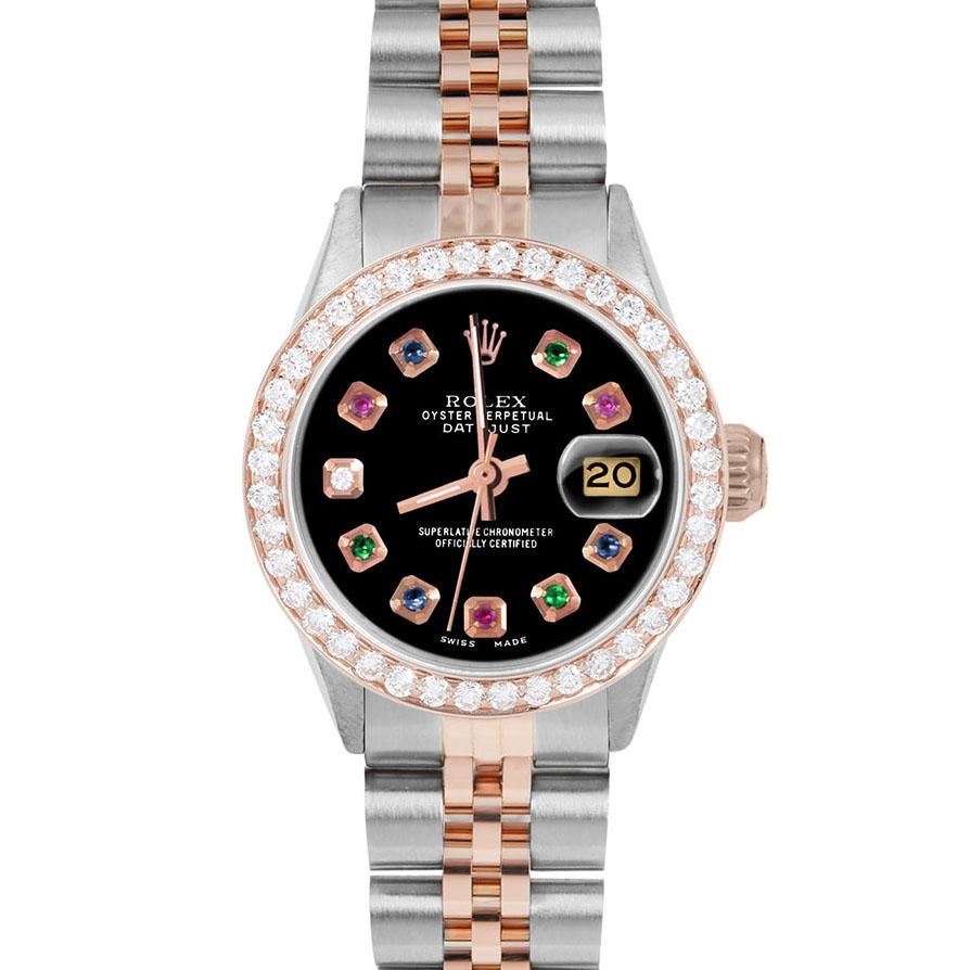 Brand : Rolex

Model : Datejust (Non-Quickset Model)

Gender : Ladies

Metals : Rose Gold/Stainless Steel

Case Size : 26 mm

Dial : Custom Black Rainbow Dial (This dial is not original Rolex And has been added aftermarket yet is a beautiful Custom