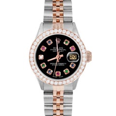 Rolex Ladies Rose Gold Datejust Black Rainbow Dial Diamond Bezel Watch