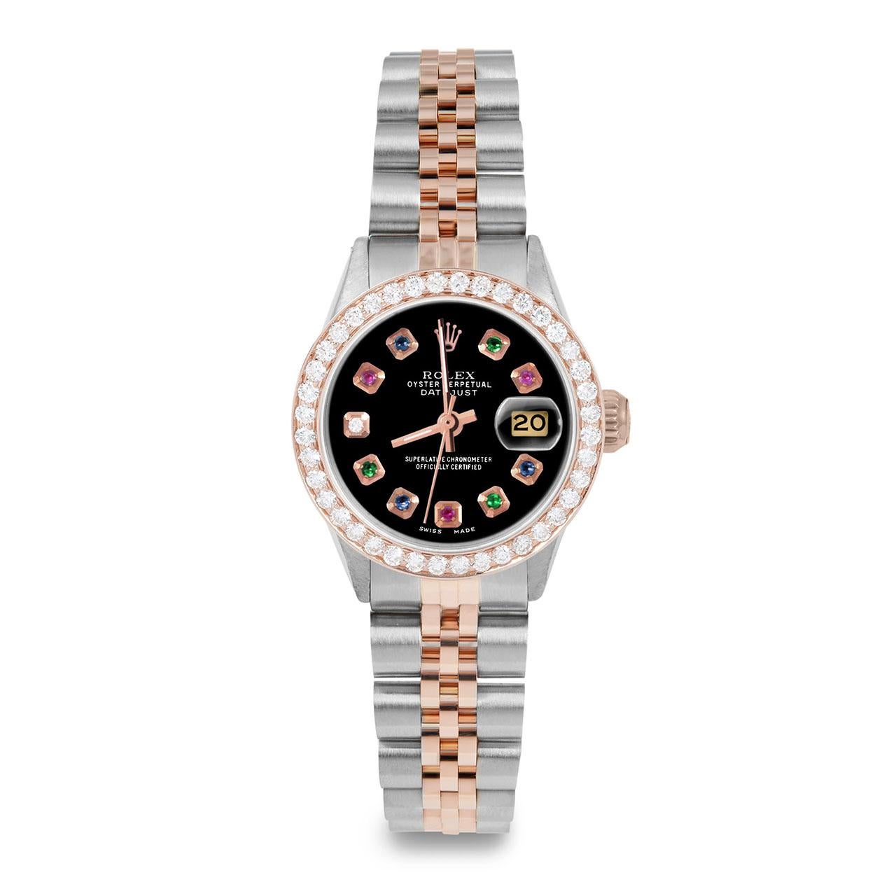 Perle Rolex Ladies Rose Gold Datejust Black Rainbow Dial Diamond Bezel Watch en vente