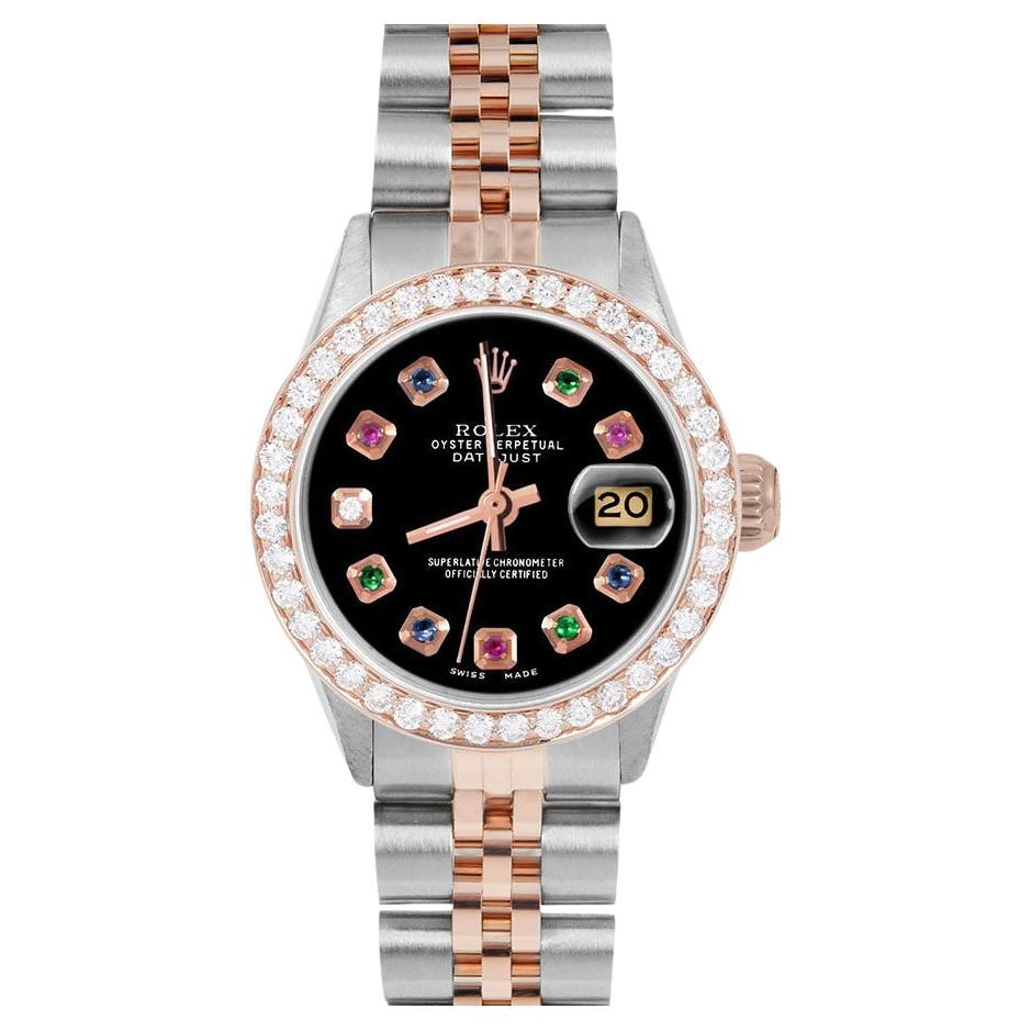 Rolex Ladies Rose Gold Datejust Black Rainbow Dial Diamond Bezel Watch en vente