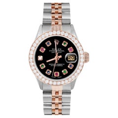 Retro Rolex Ladies Rose Gold Datejust Black Rainbow Dial Diamond Bezel Watch