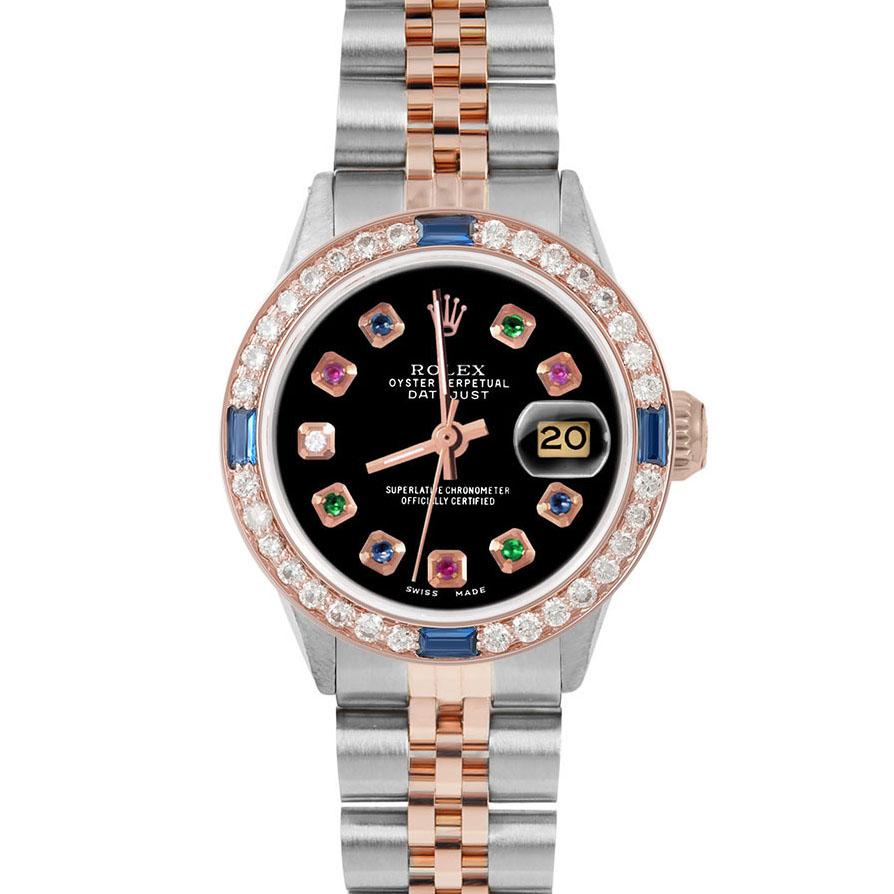 Brand : Rolex

Model : Datejust (Non-Quickset Model)

Gender : Ladies

Metals : Rose Gold/Stainless Steel

Case Size : 26 mm

Dial : Custom Black Rainbow Dial (This dial is not original Rolex And has been added aftermarket yet is a beautiful Custom