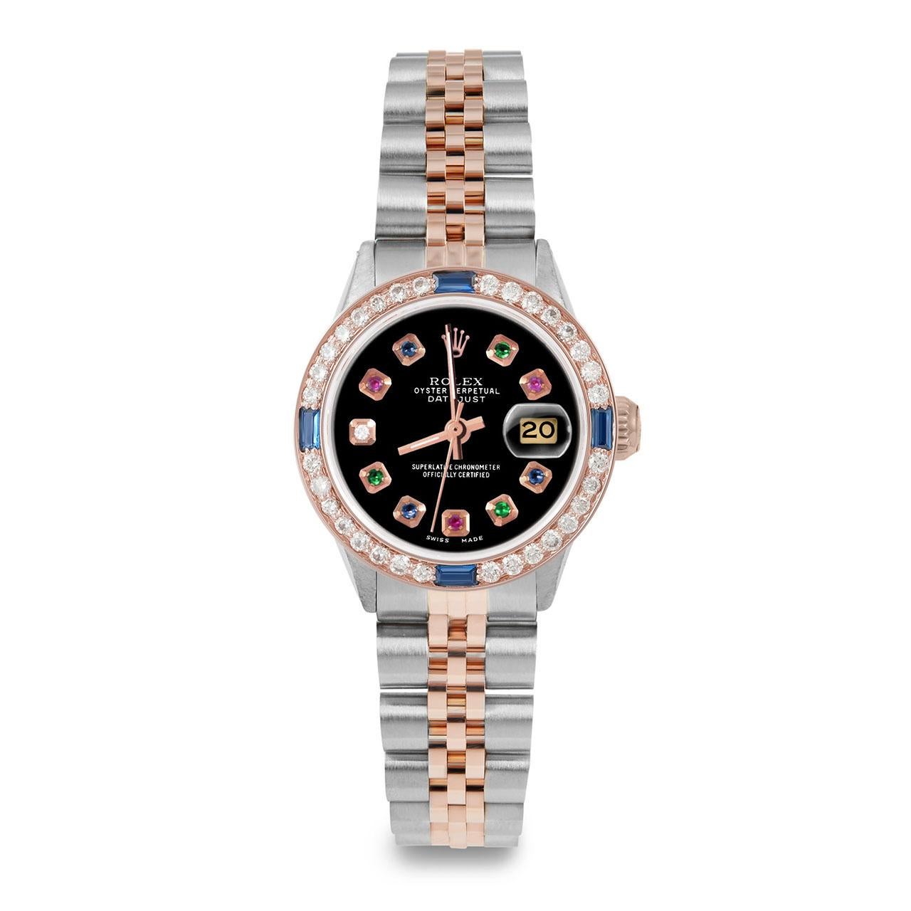 Perle Rolex Ladies Rose Gold Datejust Black Rainbow Dial Sapphire / Diamond Bezel en vente
