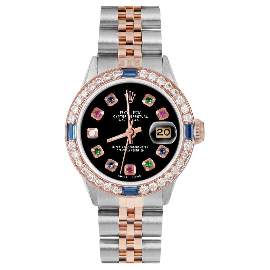 Rolex Ladies Rose Gold Datejust Black Rainbow Dial Sapphire / Diamond Bezel