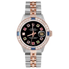 Rolex Ladies Rose Gold Datejust Black Rainbow Dial Sapphire / Diamond Bezel