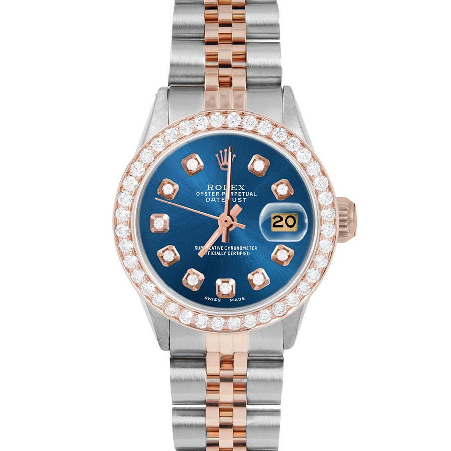 Brand : Rolex

Model : Datejust (Non-Quickset Model)

Gender : Ladies

Metals : Rose Gold/Stainless Steel

Case Size : 26 mm

Dial : Custom Blue Diamond Dial (This dial is not original Rolex And has been added aftermarket yet is a beautiful Custom