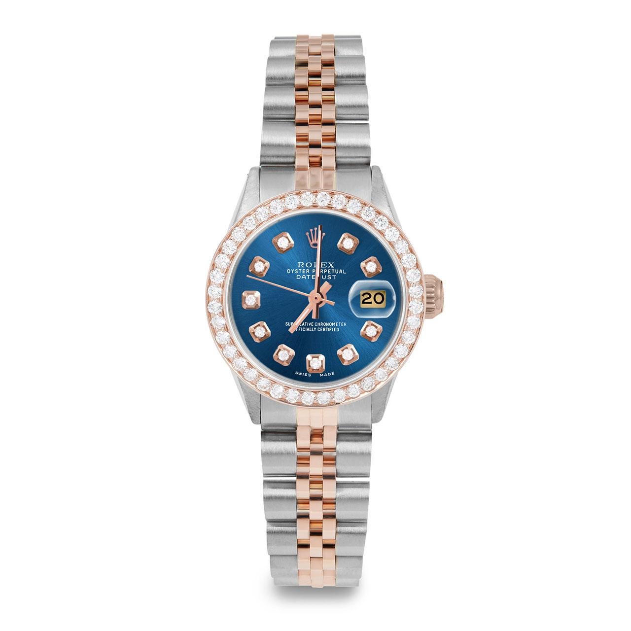 Perle Rolex Ladies Rose Gold Datejust Blue Diamond Dial Diamond Bezel Watch en vente