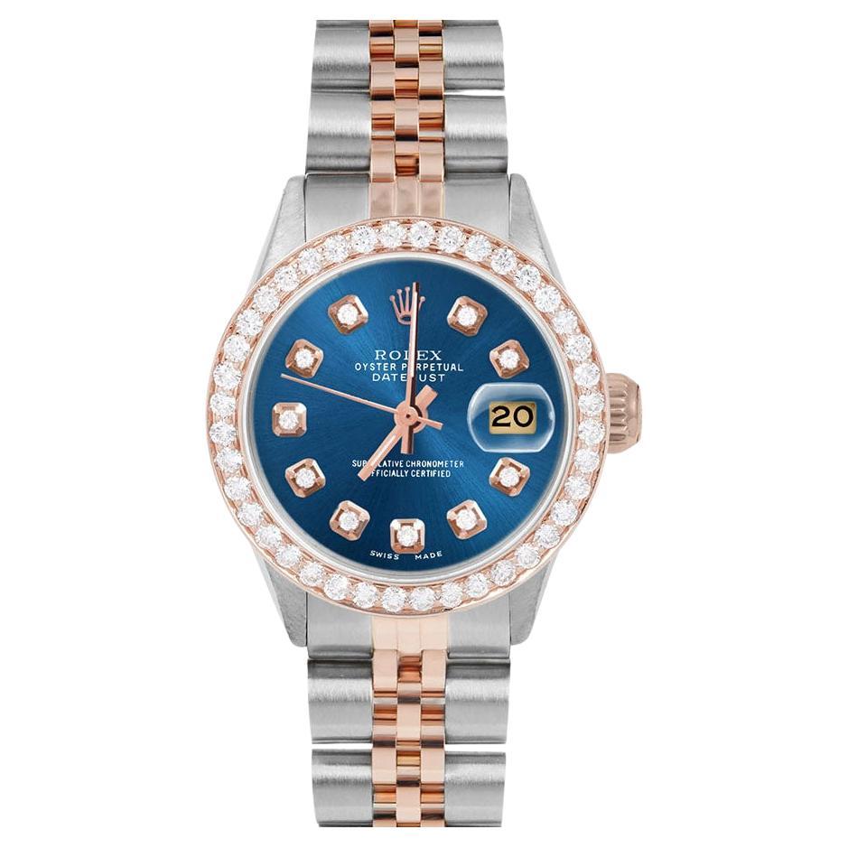 Rolex Ladies Rose Gold Datejust Blue Diamond Dial Diamond Bezel Watch en vente