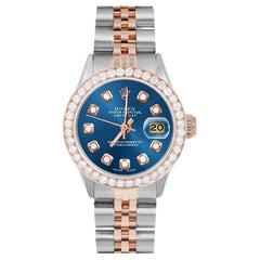 Rolex Ladies Rose Gold Datejust Blue Diamond Dial Diamond Bezel Watch
