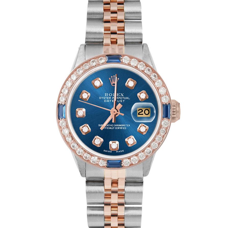 Brand : Rolex

Model : Datejust (Non-Quickset Model)

Gender : Ladies

Metals : Rose Gold/Stainless Steel

Case Size : 26 mm

Dial : Custom Blue Diamond Dial (This dial is not original Rolex And has been added aftermarket yet is a beautiful Custom