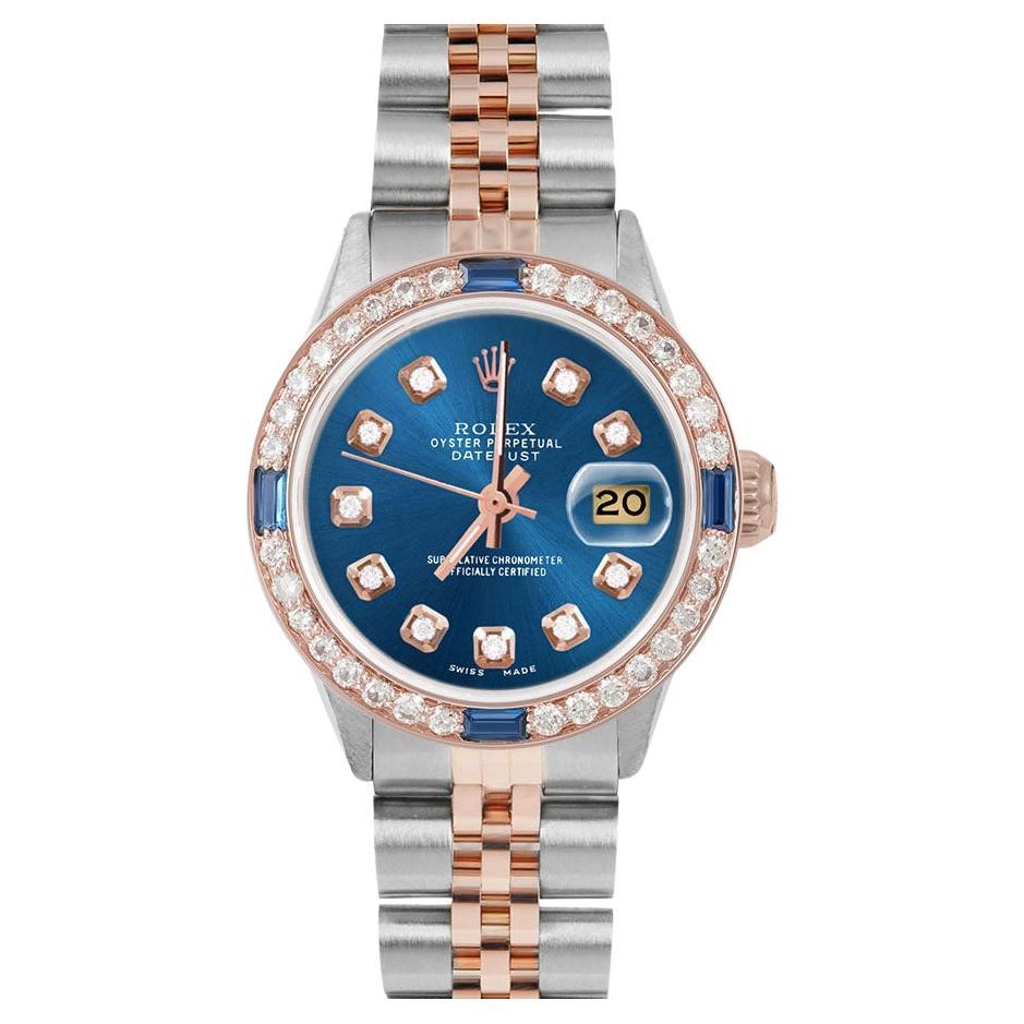 Rolex Ladies Rose Gold Datejust Blue Diamond Dial Sapphire / Diamond Bezel Watch For Sale