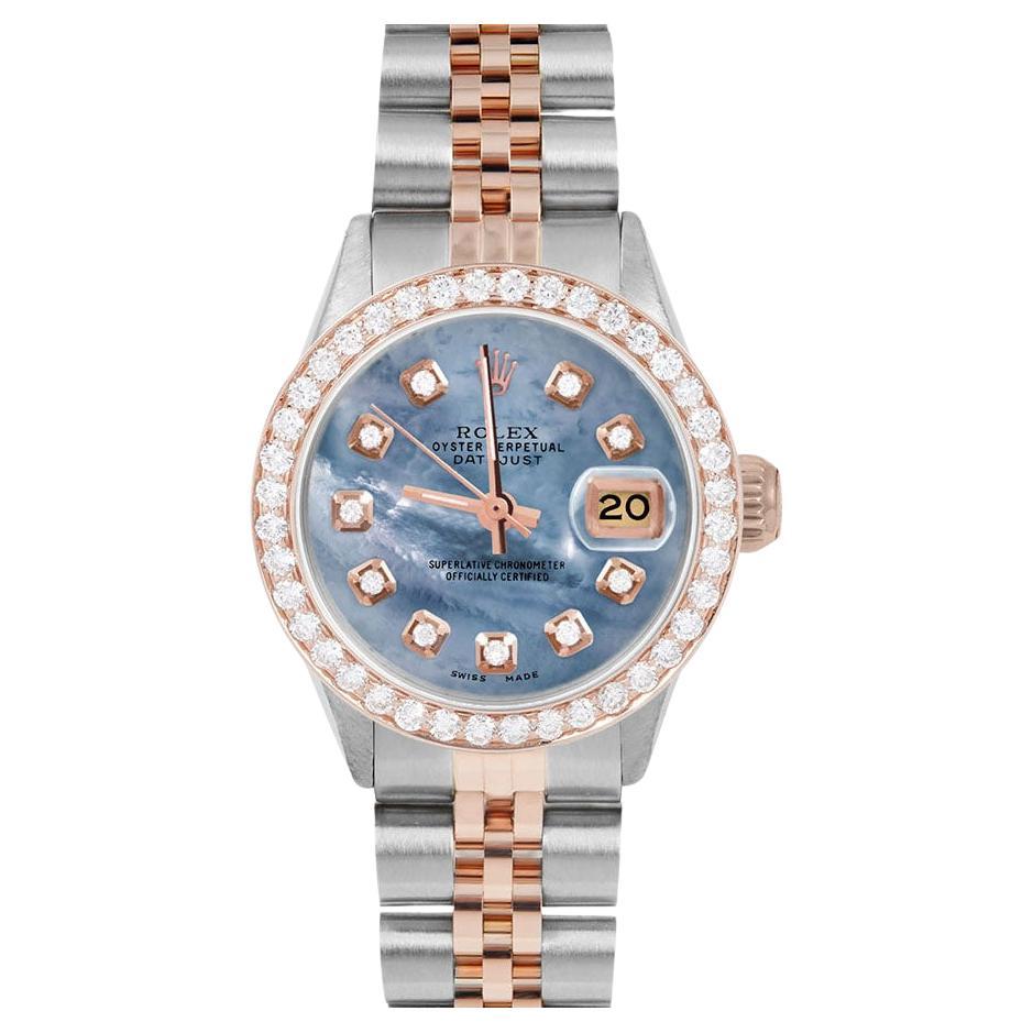 Rolex Ladies Rose Gold Datejust Blue MOP Diamond Dial Diamond Bezel Watch For Sale