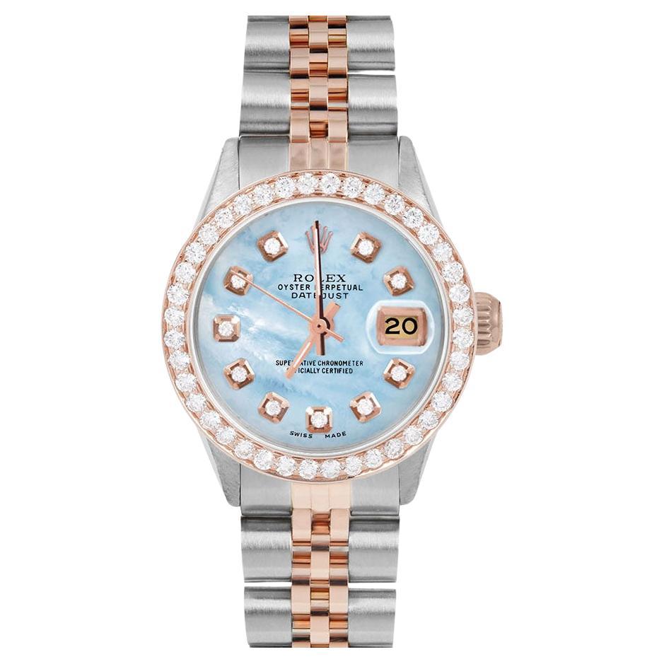 Rolex Ladies Rose Gold Datejust Blue MOP Diamond Dial Diamond Bezel Watch For Sale