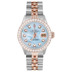 Retro Rolex Ladies Rose Gold Datejust Blue MOP Diamond Dial Diamond Bezel Watch