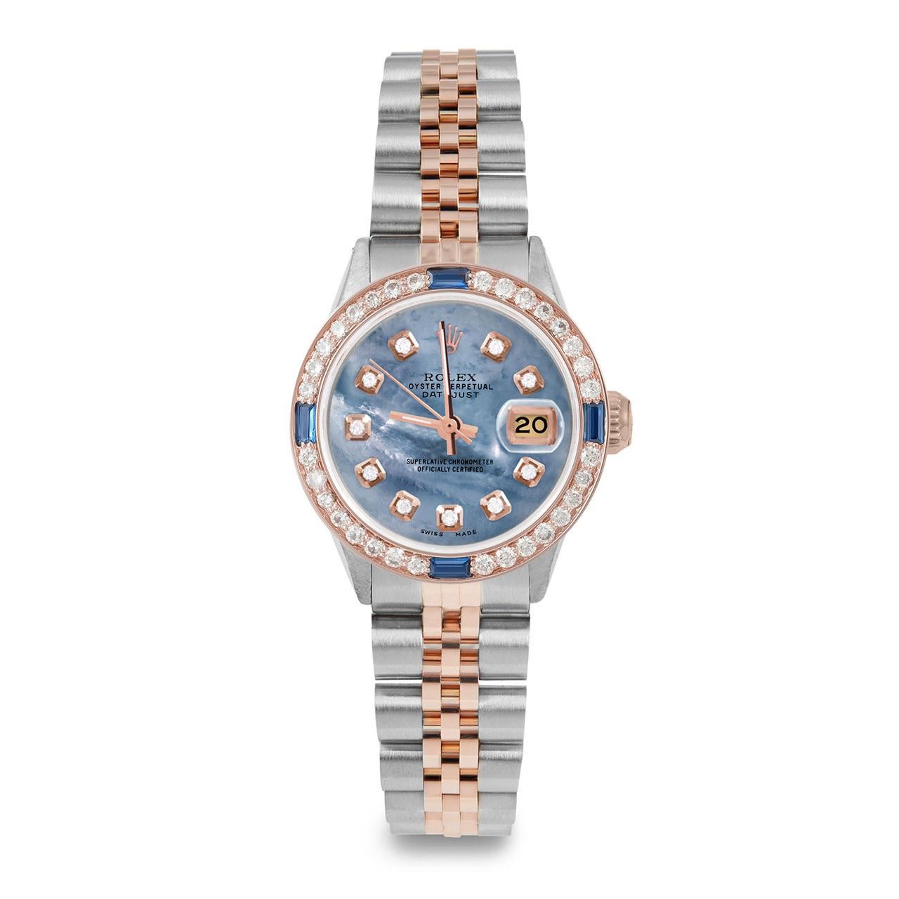 Perle Rolex Montre Datejust bleue avec cadran en or rose et diamants, saphirs et diamants en vente