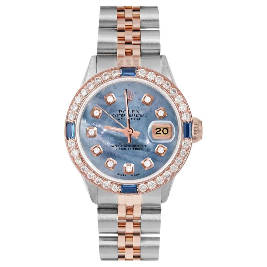 Rolex Montre Datejust bleue avec cadran en or rose et diamants, saphirs et diamants