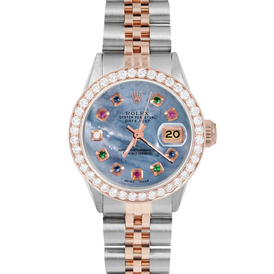 Brand : Rolex

Model : Datejust (Non-Quickset Model)

Gender : Ladies

Metals : Rose Gold/Stainless Steel

Case Size : 26 mm

Dial : Custom Blue Mother of Pearl Rainbow Dial (This dial is not original Rolex And has been added aftermarket yet is a