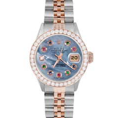 Rolex Ladies Rose Gold Datejust Blue MOP Rainbow Dial Diamond Bezel Watch