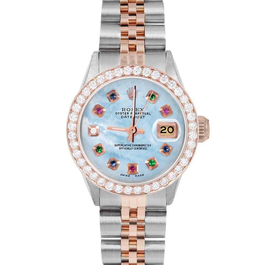 Brand : Rolex

Model : Datejust (Non-Quickset Model)

Gender : Ladies

Metals : Rose Gold/Stainless Steel

Case Size : 26 mm

Dial : Custom Blue Mother of Pearl Rainbow Dial (This dial is not original Rolex And has been added aftermarket yet is a