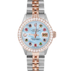 Rolex Ladies Rose Gold Datejust Blue MOP Rainbow Dial Diamond Bezel Watch