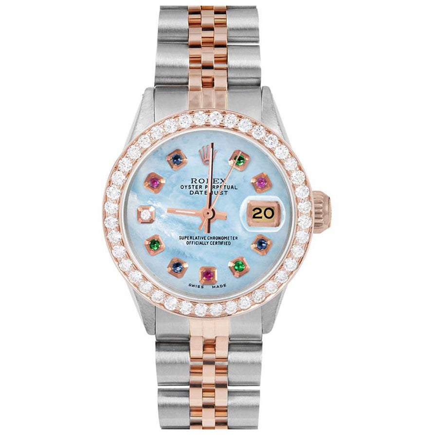 Rolex Datejust donna in oro rosa quadrante blu MOP Rainbow lunetta con diamanti