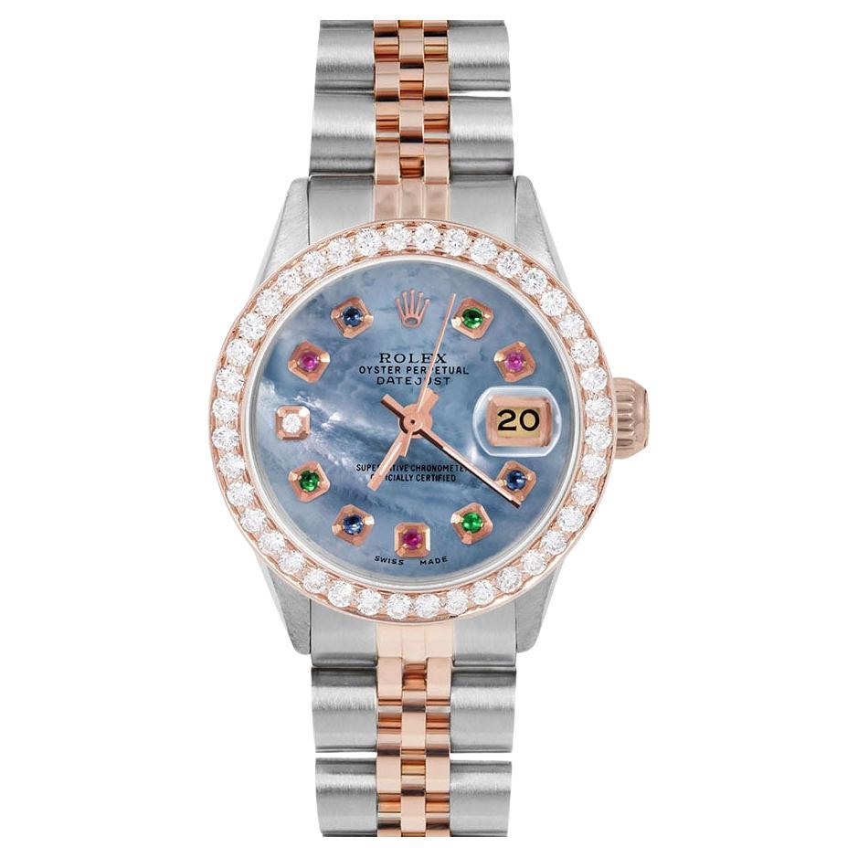 Rolex Damen Roségold Datejust Blau MOP Regenbogen Zifferblatt Diamant-Lünette Uhr