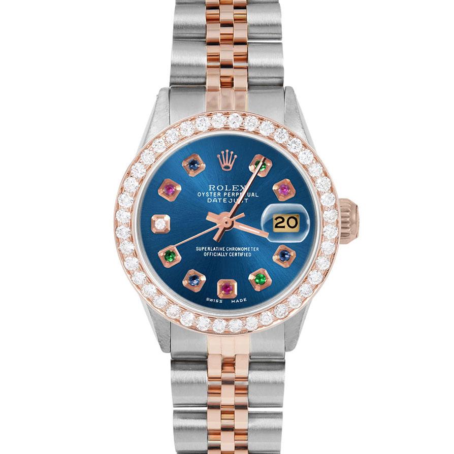 Brand : Rolex

Model : Datejust (Non-Quickset Model)

Gender : Ladies

Metals : Rose Gold/Stainless Steel

Case Size : 26 mm

Dial : Custom Blue Rainbow Dial (This dial is not original Rolex And has been added aftermarket yet is a beautiful Custom