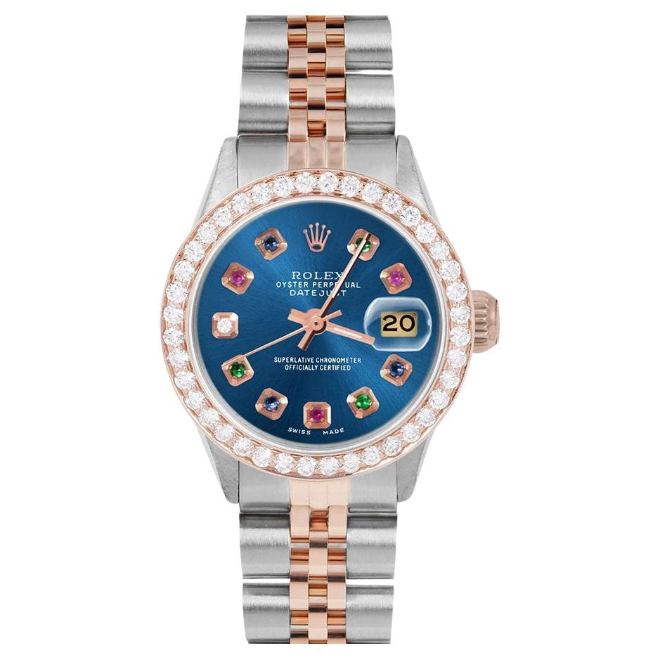 Rolex Ladies Rose Gold Datejust Blue Rainbow Dial Diamond Bezel Watch For Sale