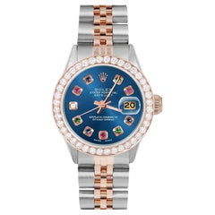 Rolex Ladies Rose Gold Datejust Blue Rainbow Dial Diamond Bezel Watch